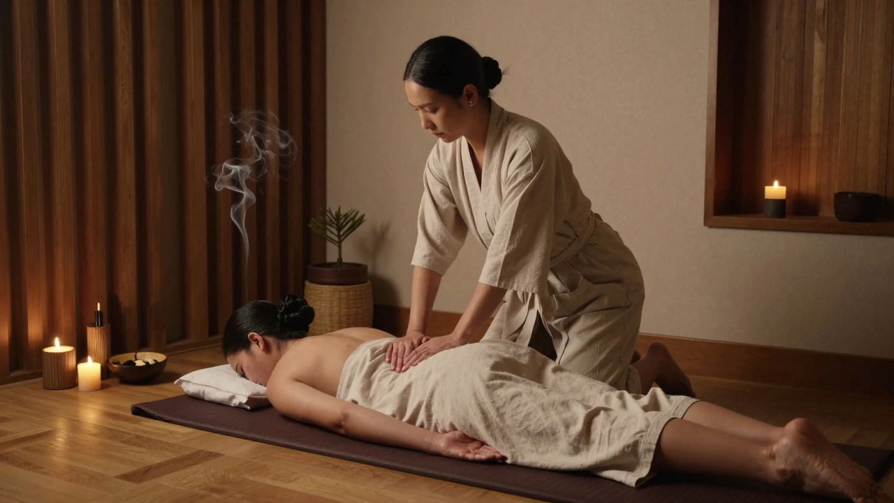 A Thai massage session in a luxury hotel room, performed fully clothed with calm, traditional techniques.