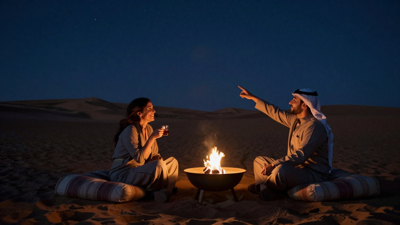 Two people sharing tea by a desert firepit under a starry Dubai night sky.